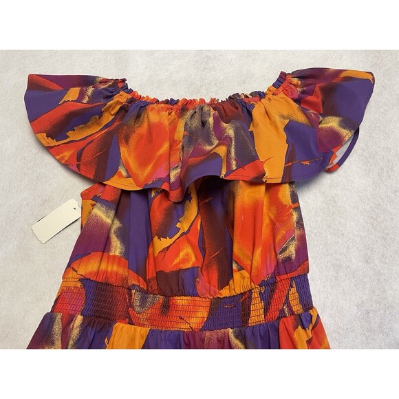 New NINE WEST Tropical Boho print Smocked Waist Off Shoulder Midi Dress Size XL - Picture 3 of 9